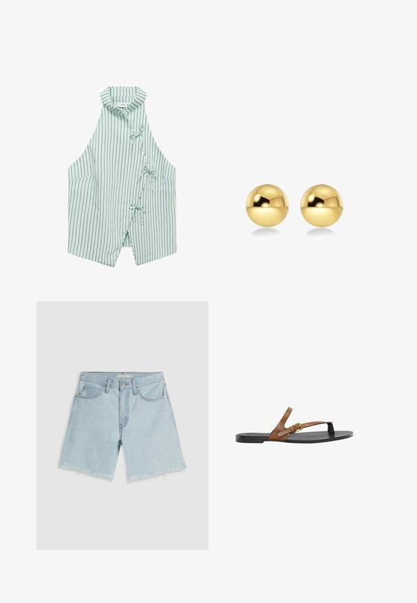 Jasnozielona kamizelka bez rękawów w granatowe pionowe paski, z kołnierzykiem mandarynkowym i trzema sznurkami z przodu. Miękka tkanina o gładkiej fakturze.; Jasnoniebieskie szorty jeansowe z postrzępionym wykończeniem, czterema kieszeniami i zapinane na zamek; cechują się subtelnym wyblaknięciem i srebrnym wykończeniem sprzętowym.; Sandały na płaskiej podeszwie z brązowej skóry z detalem w postaci złotej klamry, o minimalistycznym designie i gładkiej teksturze.; Złote, sferyczne kolczyki o błyszczącej, refleksyjnej powierzchni. Ich design jest prosty i gładki, co tworzy nowoczesny, minimalistyczny wygląd.