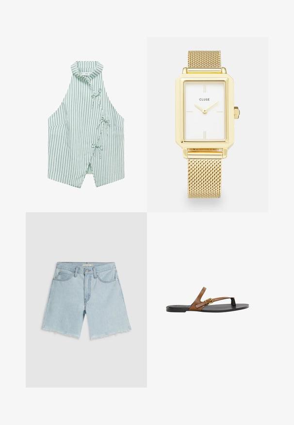 Lys grøn ærmeløs vest med marineblå lodrette striber, en mandarin krave og tre snore foran. Blødt stof med en glat tekstur.; Lyseblå denimshorts med frynset kant, fire lommer og lynlåslukning; har subtil falming og sølvfarvet hardware.; Brune læder flip-flop sandal med guld spænde detalje, flad sort sål og minimalistisk design, som har en glat tekstur.; Guldfarvet rektangulært ur med en hvid urskive, minimalistiske timeindikatorer og et nettet metalarmbånd. Har en sidekrone til justering af tiden.