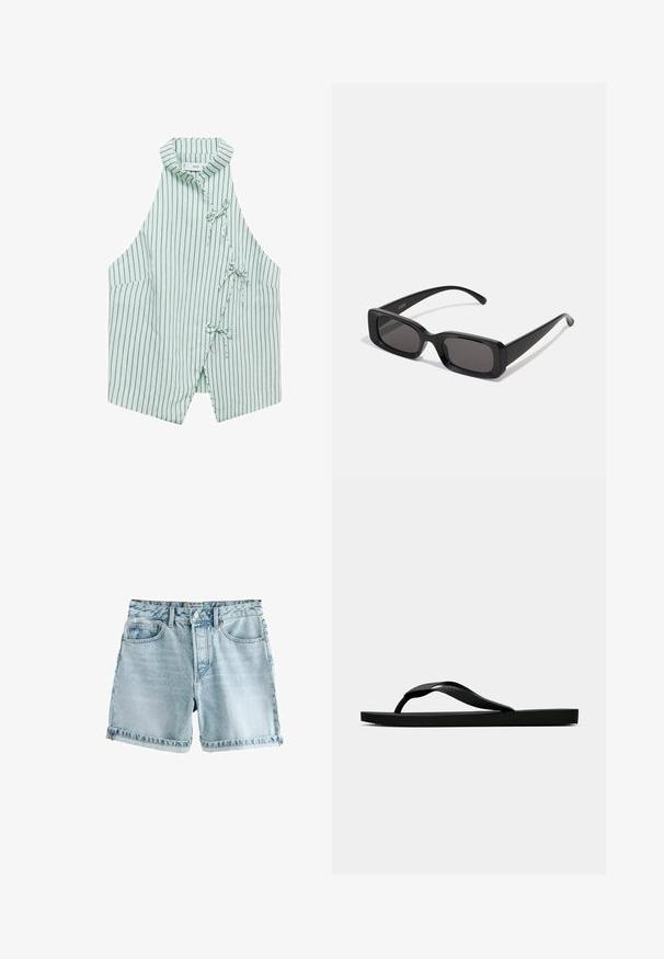 Lichtgroene mouwloze vest met marineblauwe verticale strepen, een mandarin kraag en drie strikjes aan de voorkant. Zachte stof met een gladde textuur.; Lichtblauwe spijkerbroekshorts met een raw hem, vijf zakken en een knoopsluiting. De stof heeft een licht versleten textuur.; Zwarte rubberen flip-flop sandaal met een getextureerde strap en een eenvoudige platte zool, zijaanzicht op een effen lichte achtergrond.; Zwarte rechthoekige zonnebril met donkere lenzen, glanzende afwerking, brede pootjes en een robuust frameontwerp. Gegraveerde merknaam op één van de pootjes.; Zwarte stoffen tas met een gestructureerd, gewatteerd patroon. Rondvormig, korte, dikke handvatten en een zachte, flexibele structuur.