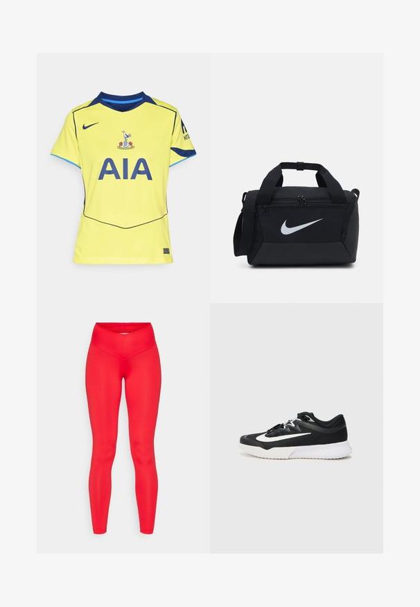 Camisola desportiva amarela da Nike com acentos azuis, apresentando um decote redondo, mangas curtas e um logótipo no peito. O design tem um acabamento texturizado.; Leggings vermelhos feitos de tecido elástico, com uma cintura alta e uma textura suave e brilhante, apresentando um silhueta justa.; Sapatilha atlética preta com detalhes brancos, apresentando um cabedal texturizado, bico redondo, atacadores planos e uma sola grossa de borracha branca.; Mala de viagem preta com tecido suave, compartimentos com zíper duplo, alças almofadadas e um grande logótipo branco da Nike na frente.