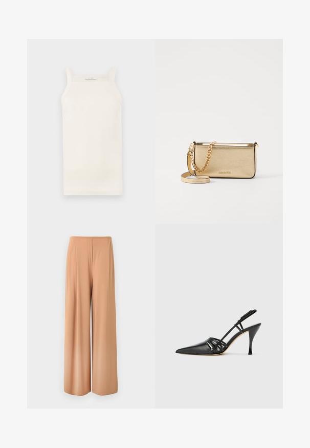 Kremfarget ribbestrikket tanktopp med tynne stropper, tettsittende design og rett kant. Merket står "IVY OAK." Materialet ser mykt og elastisk ut.; Beige vide bukser laget av et glatt, lett stoff, med høy midje og subtile frontfolder for ekstra detaljer.; Sorte lærhæl med åpen bak, spiss tå, krysset stropp design, og slank stiletthæl. Glatt tekstur og minimale detaljer.; Metallisk gullfarget skinnlommebok med teksturert finish, featuring en gullkjede-rem og en avtagbar skulderrem. Merkets logo er preget.