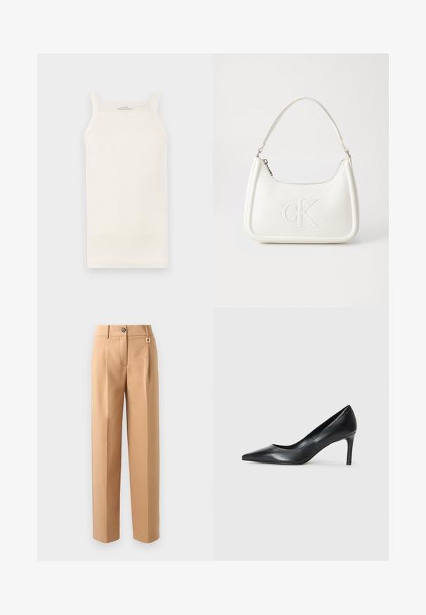 Grietos juostos kreminės spalvos tankų marškinėliai, prigludęs dizainas ir tiesi apatinė dalis. Etiketė teigia "IVY OAK." Medžiaga atrodo minkšta ir elastinga.; Smėlio spalvos kelnės su pritaikytu siluetu, turinčios sagčių užsegimą, klostes ir subtilų auksinį akcentą juosmens srityje. Lygus tekstūras, tiesaus kirpimo dizainas.; Juodas odinis bateliai su smailiu pirštu ir plonu kulnu, lygia tekstūra ir be akivaizdžių papuošimų. Švarus dizainas su minimalistine estetika.; Balta odinė rankinė su išlenkta forma, su reljefiniu "CK" logotipu priekyje ir viena petneša. Užtrauktuko uždarymas viršuje.