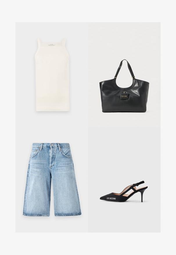 Kermanraidallinen toppi ohuilla olkaimilla, tiukka muotoilu ja suora helma. Tägit kertovat "IVY OAK." Materiaali vaikuttaa pehmeältä ja joustavalta.; Vaaleansiniset denim-shortsit, joissa on löysä malli, korkea vyötärö, viisi taskua ja hieno haalistuminen kankaalla.; Musta avosandaali korkokenkä, jossa on terävä kärki, strap design ja "LOVE MOSCHINO" -logo sivussa. Sileä pinta.; Musta nahkainen käsilaukku, jossa on kiiltävä pinta, kaareva yläosa, kaksi olkahihnaa ja kultasävyinen varuste edessä.