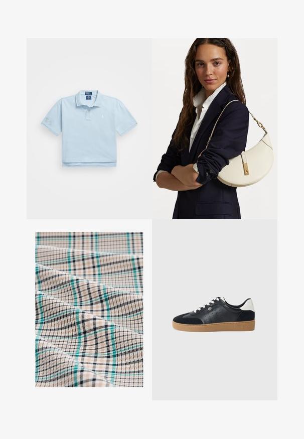 Jasnoniebieska koszulka polo uszyta z bawełny. Posiada kołnierzyk, zapięcie na dwa guziki oraz małe logo na piersi. Krótkie rękawy z łatą na jednym.; Tkanina w kratę w odcieniach beżu, czerni i teal. Posiada wzór siatki z cienkimi liniami i teksturowaną powierzchnię, prezentującą mieszankę krat i pasków.; Czarne skórzane i zamszowe sneakersy z jasnobrązową gumową podeszwą. Posiadają białe sznurowadła oraz małe perforacje po bokach. Obecne logo Michael Kors.; Biała skórzana torebka o zakrzywionym kształcie, ze złotymi akcentami i strukturalnym wykończeniem, noszona na ciemnej marynarce i białej koszuli.