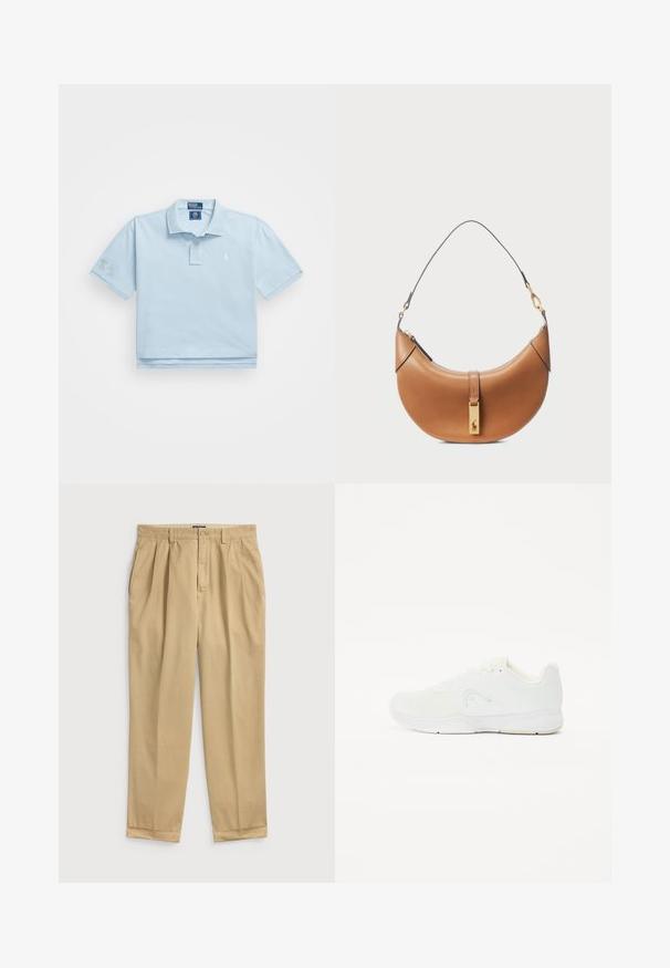 Heledad sinine polo-särk, mis on valmistatud puuvillast. Omab kraed, kahe nupuga kinnitust ja väikest logo rinnal. Lühikesed varrukad, millest ühel on plaastrit.; Heledava beežid puuvillaste pükste lõdva lõikega, millel on ees voldid, küljetaskud ja mansettidega alläär.; Valge sportlik king, millel on võrkkangas ülemine osa, sidumisdisain, ümar varvas ja tekstuuritud kummist tald minimaalset brändimist.; Klassikaline pruun nahast käekott, millel on kumer kuju, kullatud metallist detailid ja õhuke õlarihm. Kotil on lukuga sulgemine ja logo detail esiküljel.