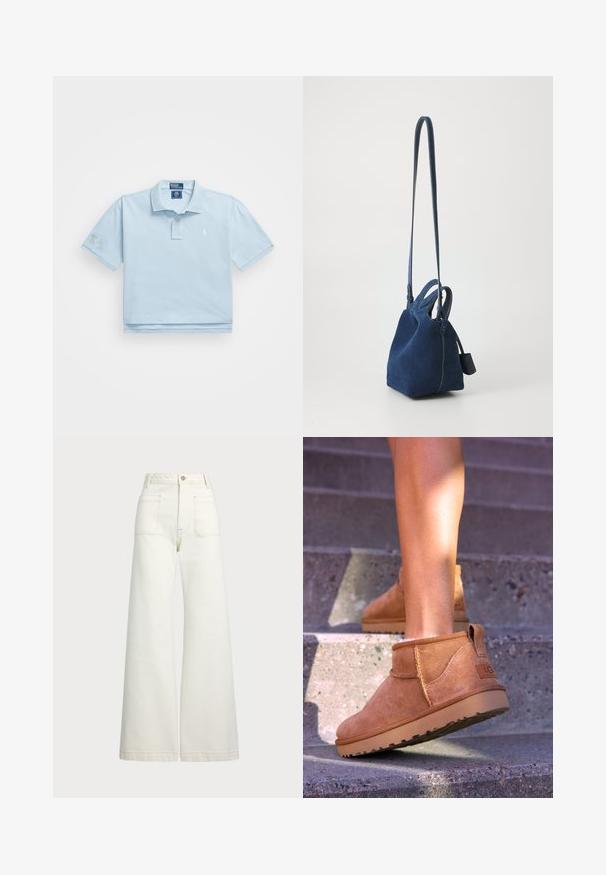 Polo de color azul claro hecho de algodón. Presenta un cuello, una tapeta de dos botones y un pequeño logo en el pecho. Mangas cortas con un parche en una de ellas.; Jeans de pierna ancha en denim color blanco roto. Diseño de cintura alta con cierre de botón, dos bolsillos frontales y detalles de costura en contraste.; Botas de tobillo de ante color beige con una textura suave, detalles de costura y una suela de goma, que cuentan con un tacón en bucle para facilitar su uso.; Bolso de ante azul marino con forma estructurada, asas superiores dobles y una correa larga y ajustable. Presenta costuras en contraste y una etiqueta lateral.