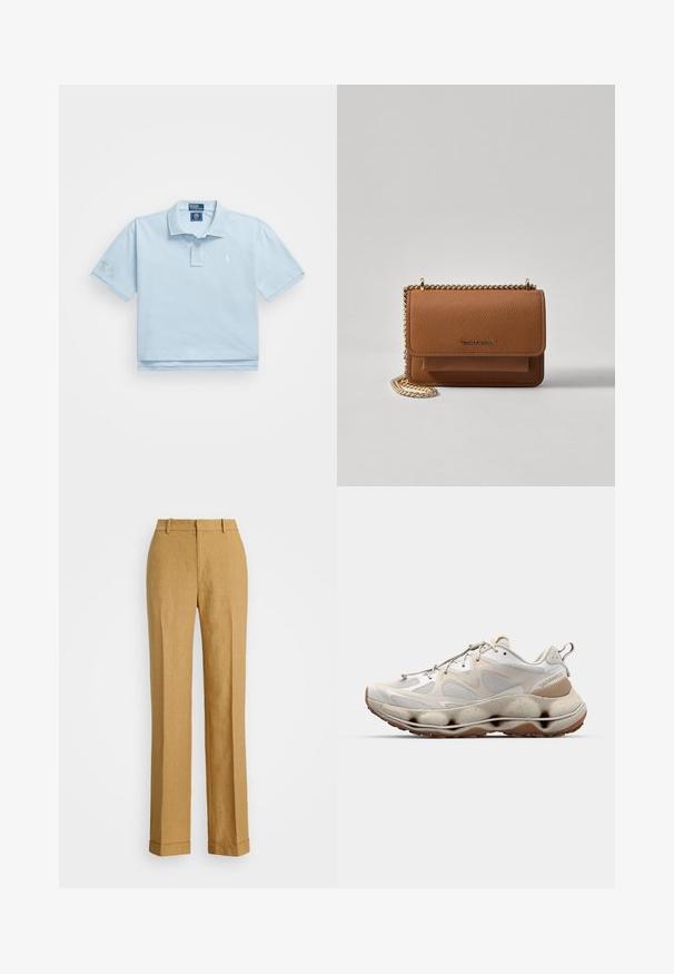Gaiši zils polo krekls, kas izgatavots no kokvilnas. Ir apkakle, divu pogu aizdare un neliels logo uz krūtīm. Īsās piedurknes ar uzlīmi uz vienas no tām.; Polo Ralph Lauren YARD LINEN FULL FLAT FRONT - Auduma bikses - sand dune; Gaiši balti viegli apavi ir ar sietu augšdaļu, teksturētiem akcentiem, biezu, izveidotu zoli un gumijas zoli ar brūnu rakstu.; Brūna teksturēta ādas plecu soma ar zelta ķēdes siksnu un atloka aizdari. Priekšpusē ir logotipa detaļa un kabata zem atloka.