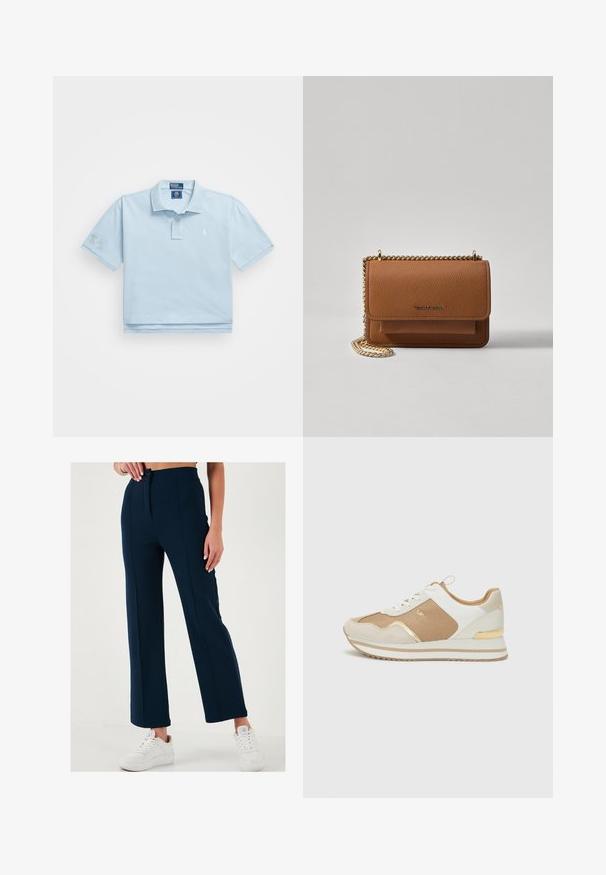 Svijetloplavi pudar s prepoznatljivim bojama od pamuka. Ima ovratnik, dvobotonasti otvor i mali logo na prsima. Kratki rukavi s aplikacijom na jednom.; Tamne mornarsko plave široke hlače s glatkom teksturom, prednjim kopčanjem na dugme i dva bočna džepa, uparene s bijelim tenisicama.; Bijele i bež tenisice s zlatnim akcentima, teksturiranom tkaninom i glatkom kožom. Imaju debeli đon i dizajn na vezivanje.; Smeđa kožna torba preko tijela s teksturom, zlatnim lančićem i preklopom na zatvaranju. Na prednjoj strani nalazi se detalj s potpisom i džep ispod preklopa.