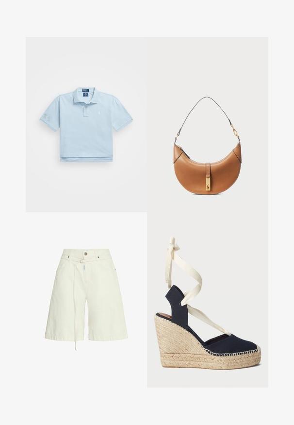 Šviesiai mėlynas polo marškinėlis, pagamintas iš medvilnės. Turi apykaklę, dvi mygtukų eiles ir mažą logotipą ant krūtinės. Trumpomis rankovėmis, viena iš jų su aplikacija.; Šviesiai bežinės džinsinės šortai su laisvesniu prisiuvimu, diržo kilpelėmis, priekinėmis kišenėmis ir raišteliu juosmens srityje. Lygi tekstūra.; Laivyno mėlynos drobinės pakulnės šlepetės su espadrilės virve ir grietinėlės spalvos kaspinais aplink kulkšnį. Uždara kulniuko ir apvalios noselės dizainas.; Šviesiai rudos odos rankinė su kreiva forma, auksiniais aksesuarais ir plonu petiniu diržu. Yra užtrauktuko uždarymas ir logotipo detalė priekyje.