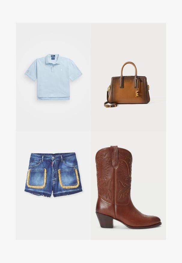Polo en bleu clair en coton. Doté d'un col, d'un plastron à deux boutons et d'un petit logo sur la poitrine. Manches courtes avec une patch sur l'une d'elles.; Shorts en denim bleu foncé avec un ourlet jaune autour de grandes poches avant. Comprend une fermeture à bouton et à zip, avec des bords effilochés.; Botte de cowboy en cuir marron avec un bout pointu, un design western gaufré et un talon empilé. Présente des coutures et une texture lisse.; Sac à main en cuir marron avec deux poignées supérieures, une bandoulière amovible, des accessoires en or et un charme décoratif avec les lettres "MK."