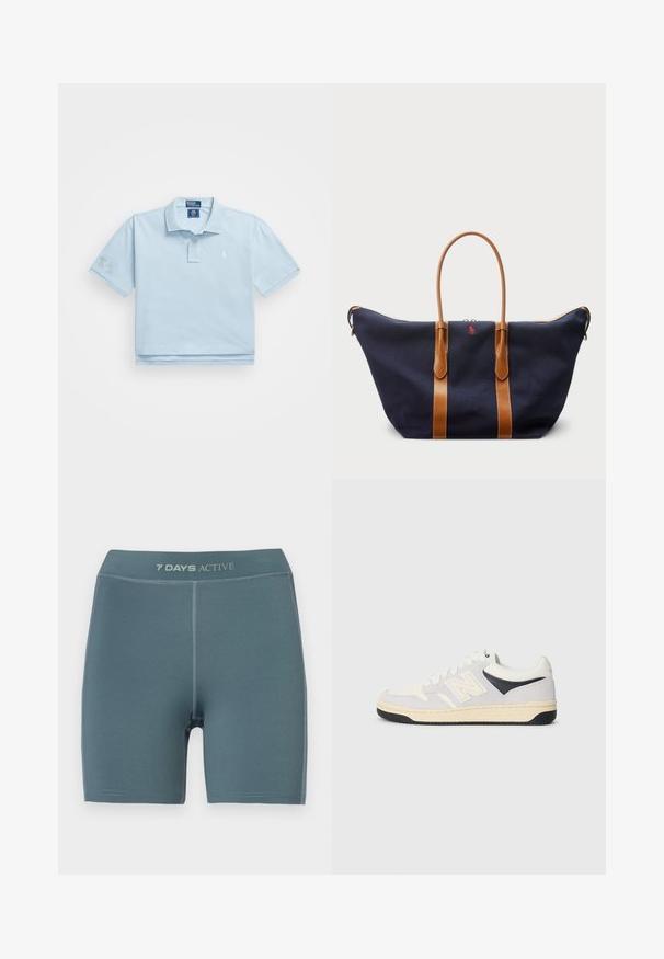 Light blue polo shirt made from cotton. Features a collar, two-button placket, and small logo on chest. Short sleeves with a patch on one.; Light blue active shorts with a smooth texture, mid-thigh length, and a logo at the waistband; features reinforced stitching.; Sport sneaker in white, gray, and black. Features suede and textile materials, perforated toe, and logo on the side. Rubber sole.; Navy canvas duffel bag with tan leather straps, zip closure, and small red logo detail on the front, featuring a wide, spacious design.