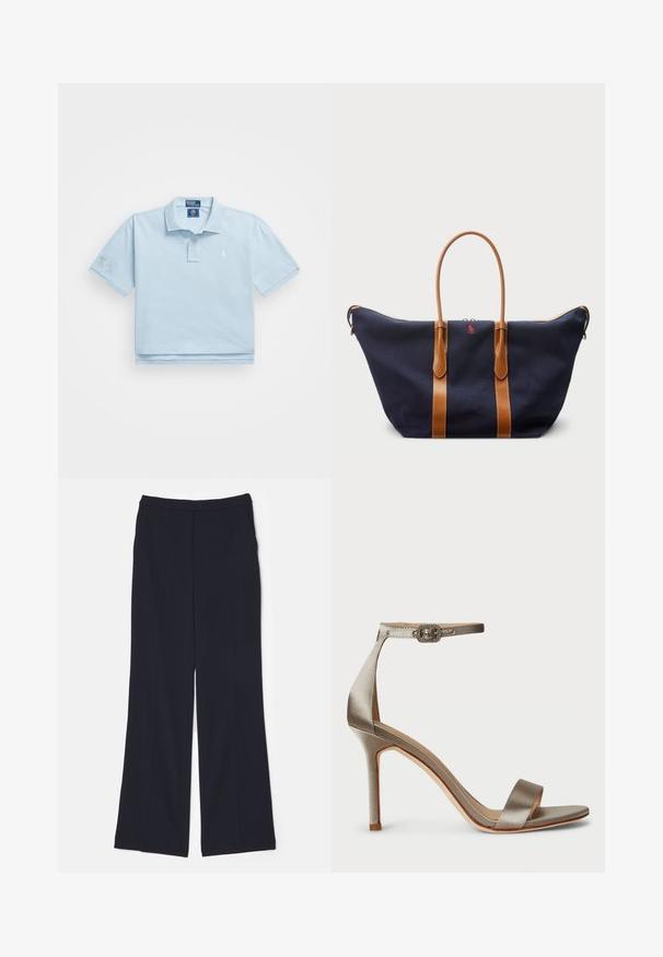 Polo de color azul claro hecho de algodón. Presenta un cuello, una tapeta de dos botones y un pequeño logo en el pecho. Mangas cortas con un parche en una de ellas.; Pantalones de pierna ancha color azul marino, confeccionados con una tela suave, que cuentan con una cintura alta y dos pliegues frontales que se extienden a lo largo de las piernas.; Sandal de tacón alto de satén en plata con tira en el tobillo, que presenta una hebilla decorativa. Punta abierta y diseño delgado y elegante.; Bolsa de lona marina en color azul con correas de cuero marrón claro, cierre con cremallera y pequeño detalle del logo rojo en la parte frontal, con un diseño amplio y espacioso.