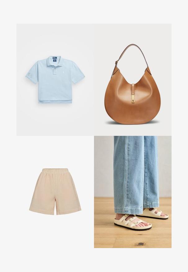 Heledad sinine polo-särk, mis on valmistatud puuvillast. Omab kraed, kahe nupuga kinnitust ja väikest logo rinnal. Lühikesed varrukad, millest ühel on plaastrit.; Moves PYNNA - Lühikesed püksid - tangerine; Heled kreemjad sandaalid kolme reguleeritava rihmaga, kuldsete pandlitega ja tekstuuriga musta tallaga, kombineeritud helesiniste laia säärega teksadega.; Kohvane nahast käekott, millel on kaarjas kuju ja lai õlavööt. Koti keskosas on kuldne metallne detail ning pind on sile.