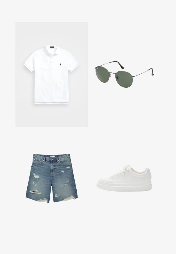 Vit polo-shirt i bomull med klassisk krage, korta ärmar och en liten marinblå logotyp på vänster bröst. Tvåknapps placket.; Jeansshorts i ljusblått med slitna lappar. Har en standard midja, ungefär knälängd och fransade fållkanter.; Vita lädersneaker med en mjuk yta, rund tå, förstärkta sidor och en platt sula. Har platta snören och minimal sömnad.; Metallinramade solglasögon med ovala gröna linser. Tunn silvermetallram och svarta öronpluggar. Minimalistisk design, inga synliga logotyper.