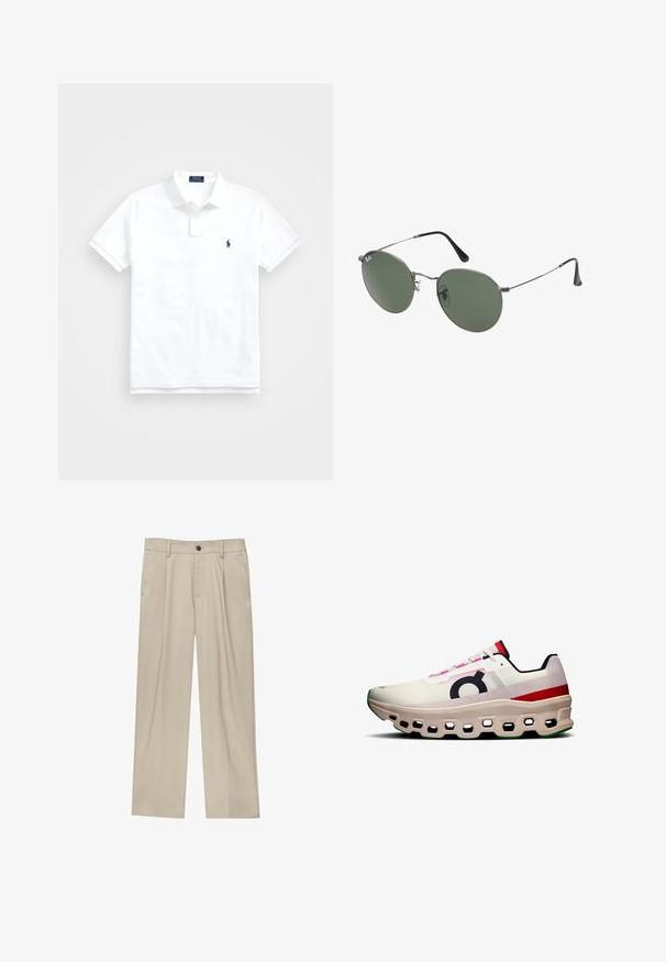 Weißes Polohemd aus Baumwolle, mit klassischem Kragen, kurzen Ärmeln und einem kleinen dunkelblauen Logo auf der linken Brust. Zweiknopf-Leiste.; Beige Hosen mit geradem Schnitt, ausgestattet mit einem einzelnen schwarzen Knopf, Gürtelschlaufen und Seitentaschen. Glatte Stofftextur und minimalistisches Design.; Laufschuh mit einem weißen Mesh-Obermaterial und pinken Akzenten, großem schwarzem Logo und einer voluminösen cremefarbenen Sohle mit hexagonalen Ausschnitten und grünen Details.; Metallgestellte Sonnenbrille mit ovalen grünen Gläsern. Dünner silberner Metallrahmen und schwarze Ohrstücke. Minimalistisches Design, keine sichtbaren Logos.