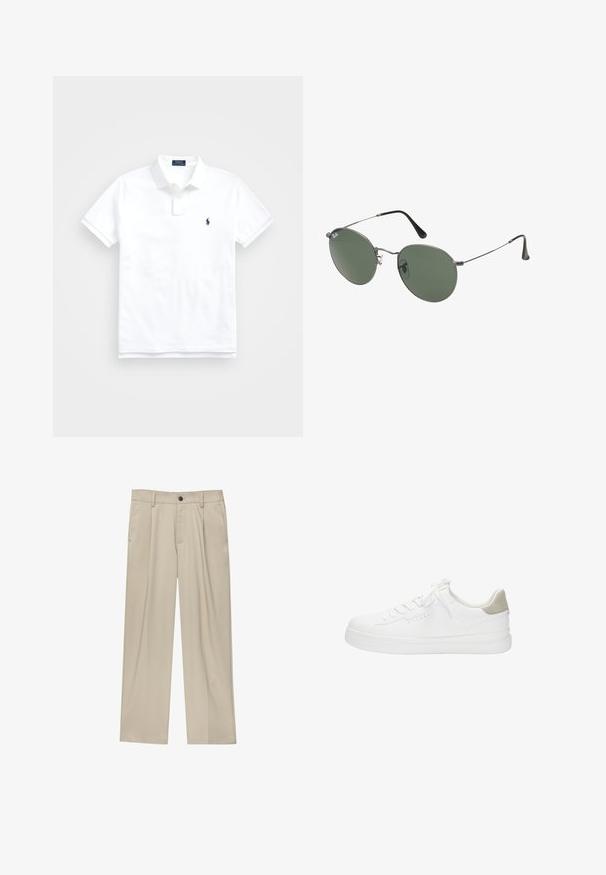 Biała koszulka polo wykonana z bawełny, z klasycznym kołnierzykiem, krótkimi rękawami i małym granatowym logo na lewej piersi. Zapięcie na dwa guziki.; Beżowe spodnie o prostym kroju, z pojedynczym czarnym guzikiem, szlufkami na pasek oraz bocznymi kieszeniami. Gładka faktura materiału i minimalistyczny design.; Białe skórzane sneakersy z fakturowaną białą podeszwą, płaskimi sznurowadłami i beżowym zamszem na pięcie. Szczegóły przeszycia po bokach.; Okulary przeciwsłoneczne z metalową ramą i owalnymi zielonymi soczewkami. Cienka srebrna metalowa rama i czarne końcówki zauszników. Minimalistyczny design, bez widocznych logo.
