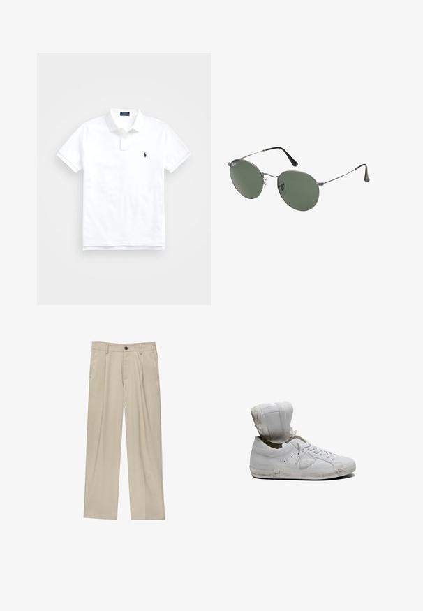 White polo shirt made of cotton, featuring a classic collar, short sleeves, and a small navy logo on the left chest. Two-button placket.; Beige trousers with a straight cut, featuring a single black button, belt loops, and side pockets. Smooth fabric texture and minimal design.; White leather sneaker with a high-top design. Features rounded toe, lace-up front, and slightly worn sole. Inside cuff is light beige.; Metal-framed sunglasses with oval green lenses. Thin silver metal frame and black ear tips. Minimalist design, no visible logos.