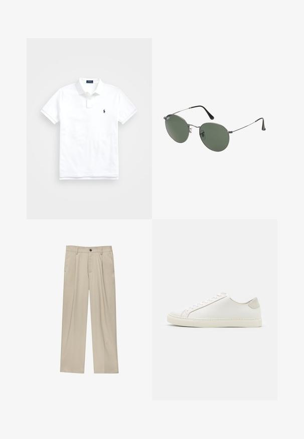 Valkoinen puuvillapaita, jossa on klassinen kaulus, lyhyet hihat ja pieni laivastonsininen logo vasemmalla rinnalla. Kaksi nappia napituksessa.; Beige-housut suoran leikkauksen omaavina, joissa on yksi musta nappi, vyölenkit ja sivutaskut. Sileä kangas ja minimalisti muotoilu.; Valkoinen nahkakengät, joissa on sileä pinta, pyöreä kärki ja minimalistiinen muotoilu. Varressa beige-yksityiskohtia ja kumipohja.; Aurinkolasit metallikehyksillä, joissa on soikeat vihreät linssit. Ohut hopeinen metallikehys ja mustat korvapehmusteet. Minimalistinen muotoilu, ei näkyviä logoja.
