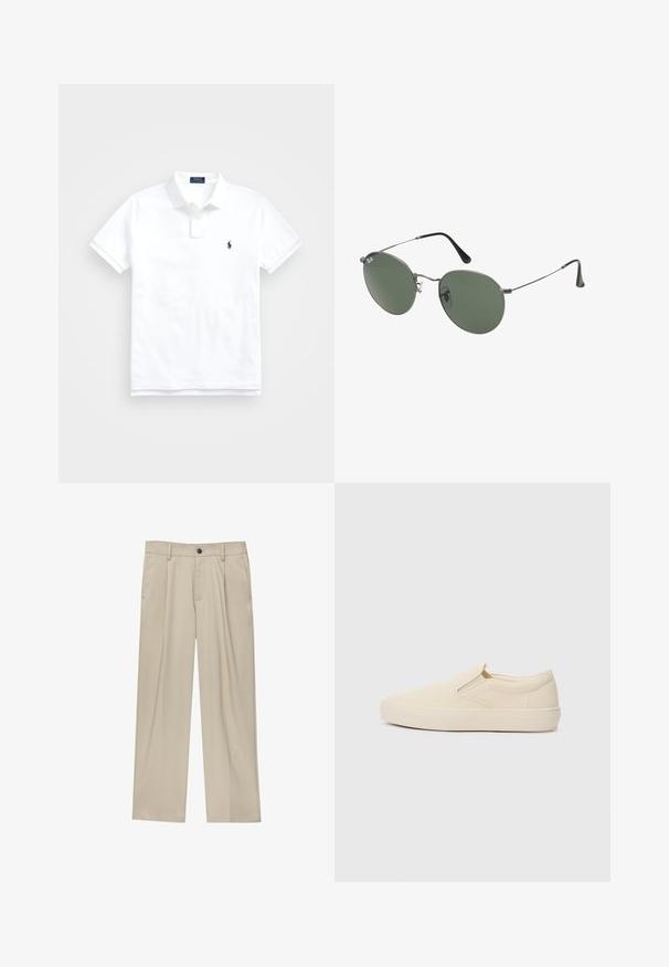 Biela polo košeľa vyrobená z bavlny, s klasickým golierom, krátkymi rukávmi a malým námorníckym logom na ľavej hrudi. Dvojité gombíkové zapínanie.; Béžové nohavice s rovný strihom, s jedným čiernym gombíkom, pútkami na opasok a bočnými vreckami. Hladká textúra látky a minimálny dizajn.; Béžové slip-on topánky vyrobené z plátna s gumovou podrážkou. Majú elastické bočné akcenty a hladký povrch. Jednoduchý, zaoblený dizajn.; Sunglass s metalovým rámom s oválnymi zelenými šošovkami. Tenký strieborný kovový rám a čierne štuple za uši. Minimalistický dizajn, bez viditeľných log.