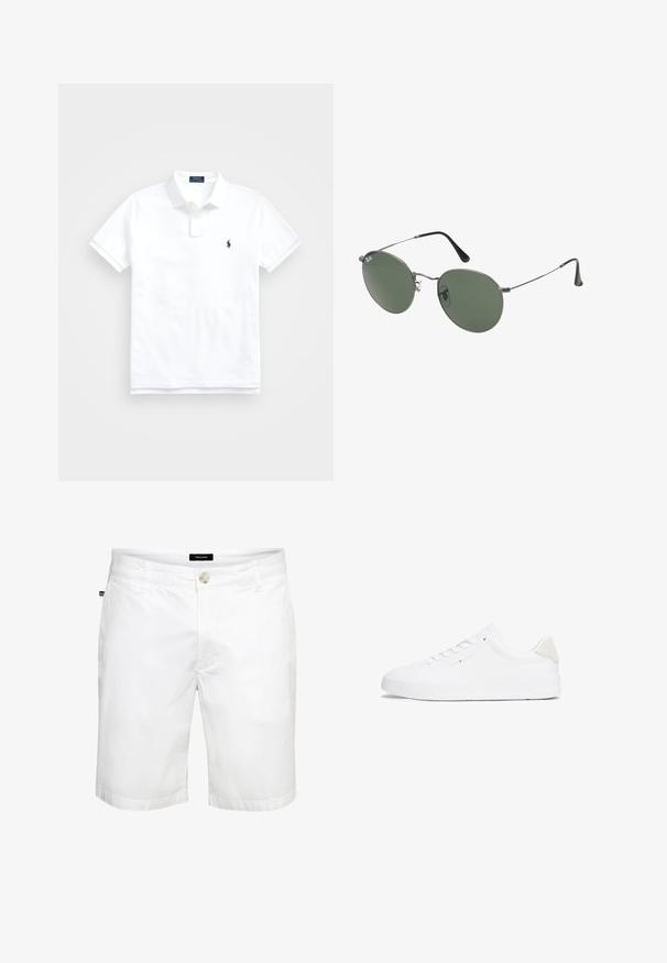 Witte polo shirt van katoen, met een klassieke kraag, korte mouwen en een klein marineblauw logo op de linkerbovenkant. Placket met twee knopen.; Witte katoenen shorts met een rechte snit, voorzien van een sluiting met een knoop aan de voorkant en standaardzakken, een gladde textuur en een clean design.; Witte sneaker met een glad leren bovenwerk, ronde neus, platte zool en een minimalistisch ontwerp. Voorzien van subtiele branding en een beige accent op de hak.; Metalen zonnebril met ovale groene lenzen. Dunne zilveren metalen rand en zwarte oorstoppers. Minimalistisch ontwerp, zonder zichtbare logo's.