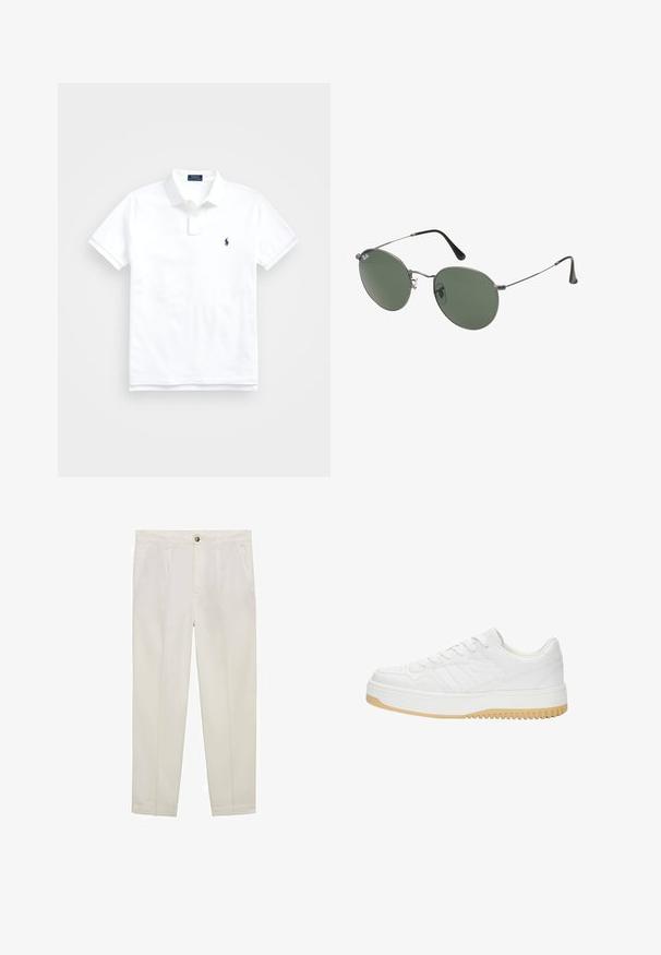 Hvid polo skjorte lavet af bomuld, med en klassisk krave, korte ærmer og et lille marineblåt logo på venstre bryst. To-knaps knaplukning.; Mango Chino - off-white; Hvide lædersneakers med struktureret finish, der har en gummisål, snørebåndsdesign og diskrete stribedetaljer på siderne.; Metalrammede solbriller med ovale grønne linser. Tynd sølvmetalramme og sorte ørepropper. Minimalistisk design, ingen synlige logoer.