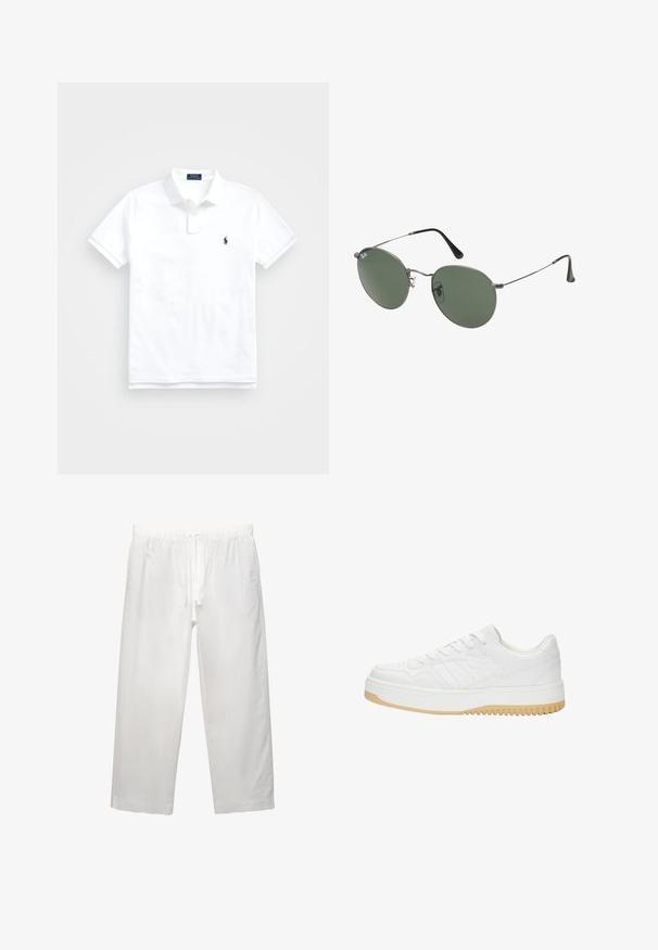 Fehér polo póló, amely pamutból készült, klasszikus gallérral, rövid ujjakkal és egy kis sötétkék logóval a bal mellen. Két gombos gombolás.; Fehér vászon nadrág, amely rugalmas derékpánttal és húzózsinórral rendelkezik, széles szárú kialakítással és tiszta varrásokkal. Simogató textúra, laza illeszkedés.; Fehér bőr sneaker, texturált felülettel, gumitalppal, fűzős kialakítással és diszkrét csíkozással az oldalakon.; Fémkeretes napszemüveg ovális zöld lencsékkel. Vékony ezüst színű fémkeret és fekete fülrész. Minimalista dizájn, látható logók nélkül.