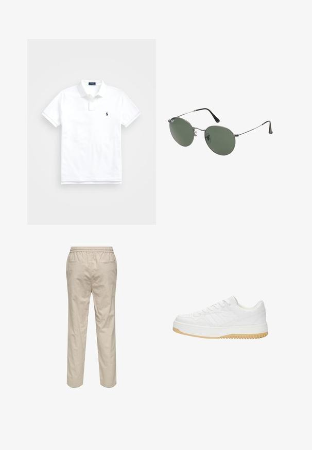 White polo shirt made of cotton, featuring a classic collar, short sleeves, and a small navy logo on the left chest. Two-button placket.; Light beige cotton trousers with an elastic waistband, two side pockets, and a straight-leg cut. Smooth texture with minimal detailing.; White leather sneaker with a textured finish, featuring a rubber sole, lace-up design, and subtle stripe accents on the sides.; Metal-framed sunglasses with oval green lenses. Thin silver metal frame and black ear tips. Minimalist design, no visible logos.