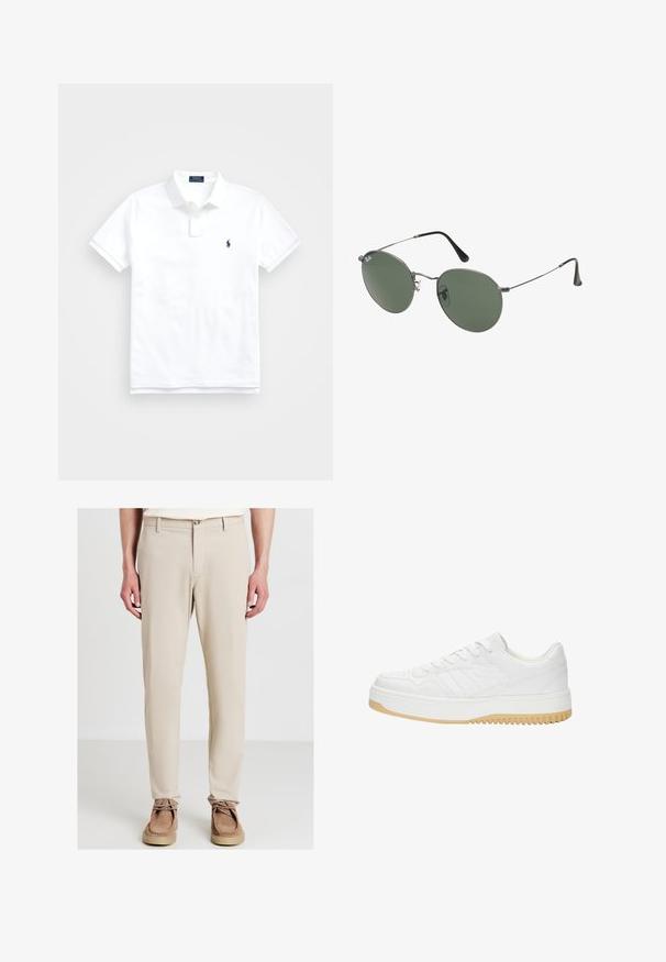White polo shirt made of cotton, featuring a classic collar, short sleeves, and a small navy logo on the left chest. Two-button placket.; Man wearing beige straight-fit trousers and brown suede lace-up shoes, standing with hands relaxed by sides against a white background.; White leather sneaker with a textured finish, featuring a rubber sole, lace-up design, and subtle stripe accents on the sides.; Metal-framed sunglasses with oval green lenses. Thin silver metal frame and black ear tips. Minimalist design, no visible logos.