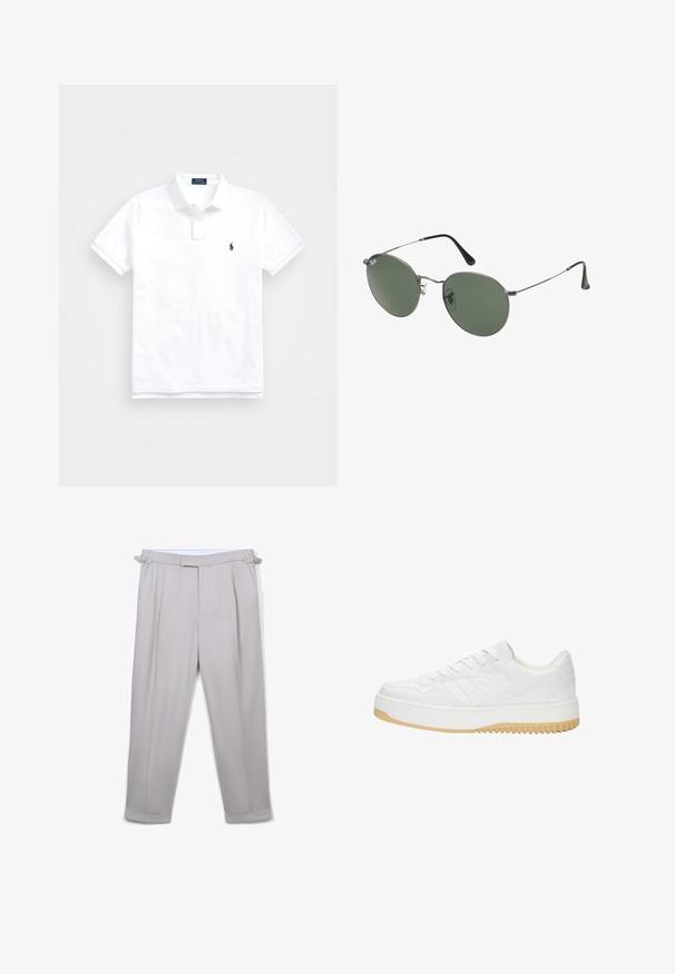 Weißes Polohemd aus Baumwolle, mit klassischem Kragen, kurzen Ärmeln und einem kleinen dunkelblauen Logo auf der linken Brust. Zweiknopf-Leiste.; Hellegraue maßgeschneiderte Hose mit seitlichen Verstellern, Frontfalten, umgeschlagenen Säumen und teilweise sichtbarem weißen Taillenfutter.; Weiße Ledersneaker mit strukturiertem Finish, ausgestattet mit Gummisohle, Schnürdesign und dezenten Streifenakzenten an den Seiten.; Metallgestellte Sonnenbrille mit ovalen grünen Gläsern. Dünner silberner Metallrahmen und schwarze Ohrstücke. Minimalistisches Design, keine sichtbaren Logos.