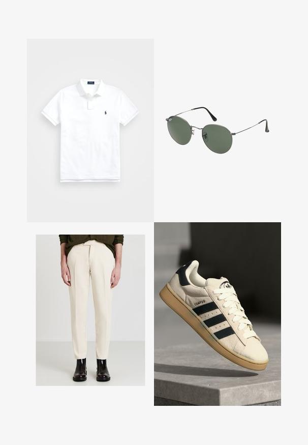 Polo shirt blanc en coton, avec un col classique, des manches courtes et un petit logo marine sur la poitrine gauche. Patte de boutonnage à deux boutons.; Pantalons couleur crème avec une finition texturée, coupe ajustée et poches latérales, associés à des bottines noires brillantes.; Baskets en daim beige avec trois rayures bleu foncé, lacets blancs et semelle en caoutchouc beige. Présente un logo sur la languette et le texte "CAMPUS".; Lunettes de soleil en métal avec des verres ovales verts. Monture en métal argenté mince et embouts d'oreille noirs. Design minimaliste, sans logos visibles.