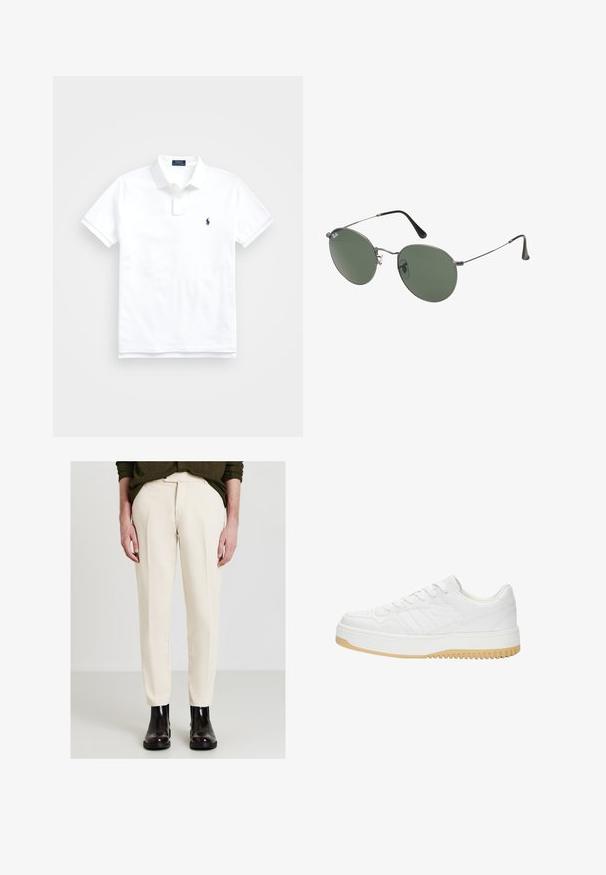 Weißes Polohemd aus Baumwolle, mit klassischem Kragen, kurzen Ärmeln und einem kleinen dunkelblauen Logo auf der linken Brust. Zweiknopf-Leiste.; Cremfarbene Hosen mit strukturiertem Finish, taillierte Passform und seitlichen Taschen, kombiniert mit glänzenden schwarzen Ankle Boots.; Weiße Ledersneaker mit strukturiertem Finish, ausgestattet mit Gummisohle, Schnürdesign und dezenten Streifenakzenten an den Seiten.; Metallgestellte Sonnenbrille mit ovalen grünen Gläsern. Dünner silberner Metallrahmen und schwarze Ohrstücke. Minimalistisches Design, keine sichtbaren Logos.
