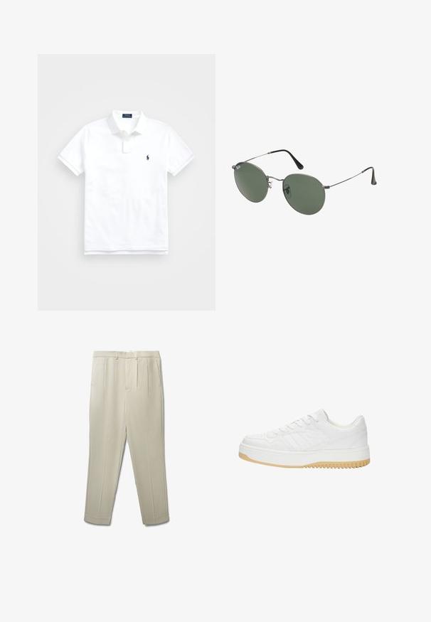 Weißes Polohemd aus Baumwolle, mit klassischem Kragen, kurzen Ärmeln und einem kleinen dunkelblauen Logo auf der linken Brust. Zweiknopf-Leiste.; BeigePlissee-Hose mit geradem Bein, aus glattem Stoff, mit Reißverschluss und Gürtelschlaufen, abgeschlossen mit einem sauberen Saum.; Weiße Ledersneaker mit strukturiertem Finish, ausgestattet mit Gummisohle, Schnürdesign und dezenten Streifenakzenten an den Seiten.; Metallgestellte Sonnenbrille mit ovalen grünen Gläsern. Dünner silberner Metallrahmen und schwarze Ohrstücke. Minimalistisches Design, keine sichtbaren Logos.