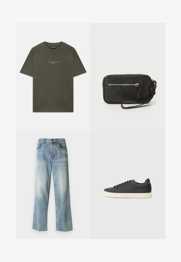 Plain olive green short-sleeve T-shirt with crew neck and small white Emporio Armani Milano logo centered on the front.; Light blue wide-leg denim jeans with a high waist, front pockets, and subtle fading. Clean hemline and classic button-fly closure.; Black leather sneaker with a low profile, rounded toe, and lace-up closure; features a textured rubber sole and logo detail on the heel.; Black leather clutch with textured surface, front zip pocket, and detachable wrist strap. Features a logo patch on the front. Rectangular shape.