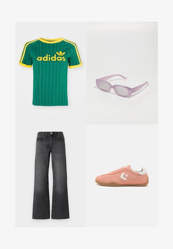 Roheline puuvillane T-särk vertikaalsete valgete triipudega, kollaste detailidega ja „adidas“ logo kollases kirjas. Lühikesed varrukad ja ümmargune kaelus.; Laial jalgevahega teksad tumedast hallist denimist. Omavad viit taskut, nööbi sulgemist ja kangal peent kulumist. Klassikaline õmbluste aktsent.; Roosa seemisneakerid valgete detailidega, nööridega disain, tekstureeritud kummitald ja külje peal tähelogo. Madal profiil ja kerge kaalu.; Lilla, ristkülikukujuline prillid, millel on läbipaistev raam, hallid läätsed ja peene bränding okses; sile pind ja minimaalne riistvara.