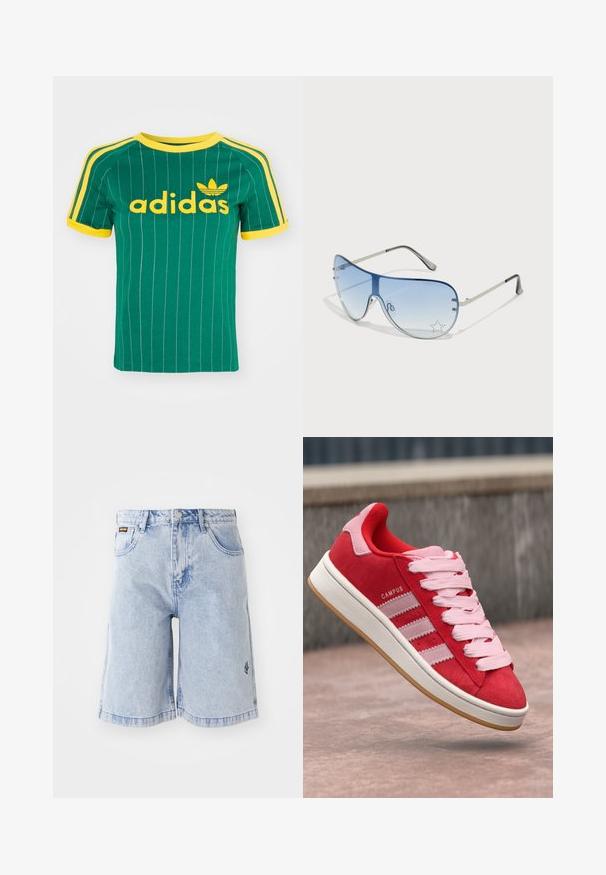 Grønn bomull T-skjorte med vertikale hvite striper, gule detaljer, og "adidas" logo i gul skrift. Korte ermer og rund hals-design.; Lyseblå denimshorts med høy midje, løs passform og frontlommer. Dekorativ søm og merkevarelogo brodert på siden.; Røde semskede joggesko med rosa detaljer, med tre hvite striper og lyserosa snører. Hvit såle og gummisåle.; Pilotbriller med gradient blå linse, sølvfarget metallramme og dekorative stjerneaksenter på linsen. Glatt og stilren design.