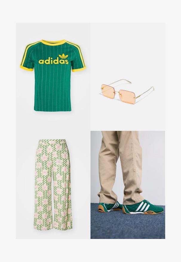 Green cotton T-shirt with vertical white stripes, yellow accents, and "adidas" logo in yellow font. Short sleeves and crew neck design.; Wide-leg pants in a green fabric featuring a wavy pattern and pink flowers. The waistband is flat, enhancing the casual design.; Green quilted sneakers with white stripes and brown rubber soles, paired with beige pants. The design features a low profile and textured material.; Gold metal frame sunglasses with rectangular orange-tinted lenses. Distinctive thin arms and subtle textured accents near the hinges.