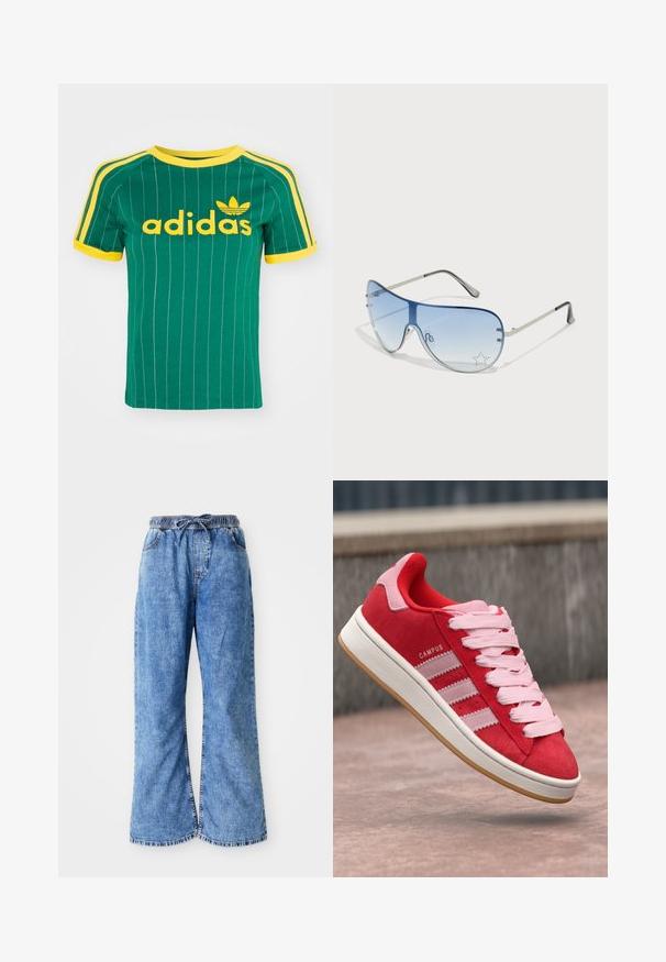 Grøn bomulds T-shirt med lodrette hvide striber, gule accenter og "adidas" logo i gul skrift. Kortærmet og rund hals design.; Lyseblå denim bukser med brede ben, elastisk talje og snørelukning. Har dobbeltstikninger og rå kant. Ingen synlige lommer.; Røde ruskinds sneakers med pink accenter, prydet med tre hvide striber og lyserøde snørebånd. Hvid mellemsål og gummisål.; Aviator-solbriller med gradient blå linser, sølvmetalramme og dekorative stjerneakcenter på linserne. Glat og strømlinet design.