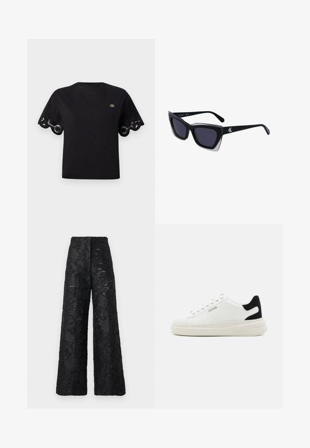 Schwarzes Baumwoll-T-shirt mit kurzen, ausgestellten Ärmeln und einem gewellten Spitzenbesatz. Kleines goldenes Logo auf der Brust. Einfaches, klassisches Design.; Schwarze weite Hosen aus strukturiertem Stoff mit floralem Muster. Sie haben eine hohe Taille und eine glatte Oberfläche.; Weiße Leder-Sneaker mit einer dicken weißen Sohle, schwarzem Wildlederakzent an der Ferse und geprägtem Logo an der Seite. Schnürdesign mit sechs Ösen.; Schwarze übergroße Sonnenbrille mit geometrischer Form, ausgestattet mit dunklen Gläsern und einem kontrastierenden grauen Detail im Rahmen. Logo am Bügel.