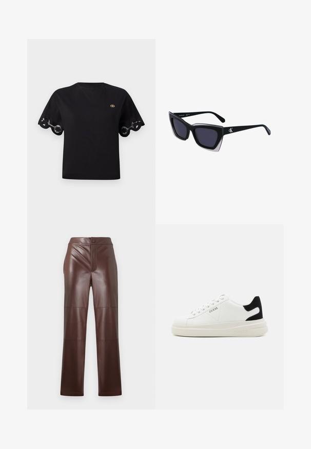 Musta puuvillapaita lyhyillä levenevillä hihoilla, jossa on hapsutettu pitsireunus. Pienen kultaisen logon löytyy rinnasta. Yksinkertainen, klassinen muotoilu.; Ruske keinonahkaverkkarit suoran leikkauksen ja sileän pinnan kanssa. Varustettu edessä vetoketjulla ja napilla, joita korostavat sävyyn sointuvat ompeleet.; Valkoiset nahkakengät paksulla valkoisella pohjalla, mustalla mokkanahkaosuudella kannassa ja kohokuvioitu logo sivulla. Nauhakeskitys kuudella reiällä.; Mustat ylisuuret aurinkolasit, joissa on geometrinen muoto, tummat linssit ja kehykseen erottuva harmaa yksityiskohta. Logo varressa.