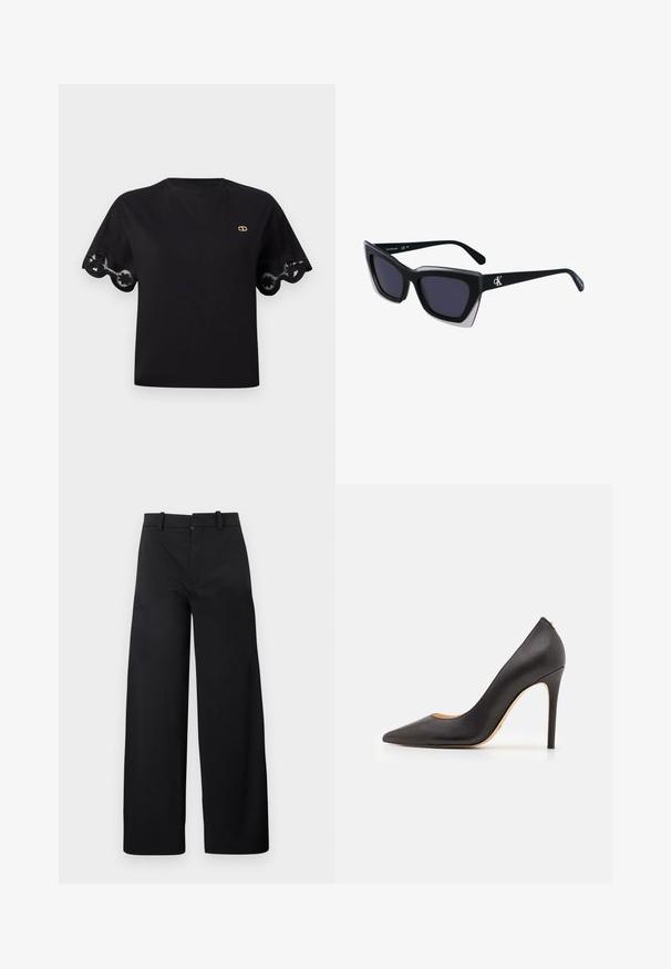 T-shirt en coton noir à manches courtes évasées avec une bordure en dentelle festonnée. Petit logo doré sur la poitrine. Design simple et classique.; Pantalons larges en tissu noir, dotés d'une fermeture éclair à l'avant, de passants de ceinture et d'une texture lisse sans motifs ni accents visibles.; Pompe à talon haut en cuir noir avec un bout pointu et une texture lisse, présentant un talon élancé et un design minimaliste.; Lunettes de soleil noires surdimensionnées avec une forme géométrique, dotées de verres foncés et d'un détail gris contrastant sur la monture. Logo sur la branche.