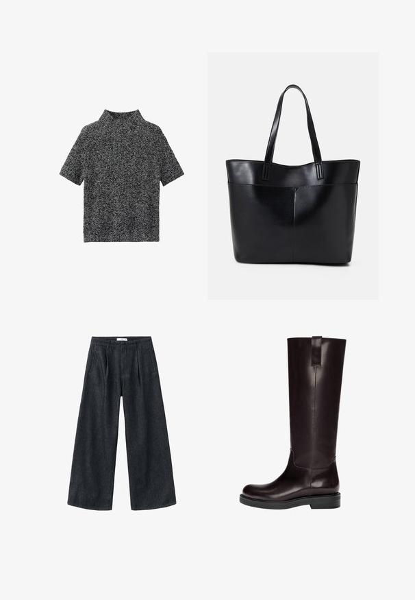Maglione a maniche corte e collo alto in un motivo a maglia strutturata bianco e nero, con una vestibilità rilassata e un tessuto morbido.; Pantaloni a gamba larga in denim scuro con pieghe, vita alta e taglio classico. Presentano una finitura pulita all'orlo e dettagli di cucitura minimi.; Stivali in pelle marrone al ginocchio con texture liscia, punta rotonda e suola piatta in gomma nera. Presentano una cucitura verticale e un occhiello posteriore.; Borsa a tracolla in pelle nera con due manici lunghi, una texture liscia e una forma strutturata. Presenta una tasca frontale per ulteriore spazio di archiviazione.