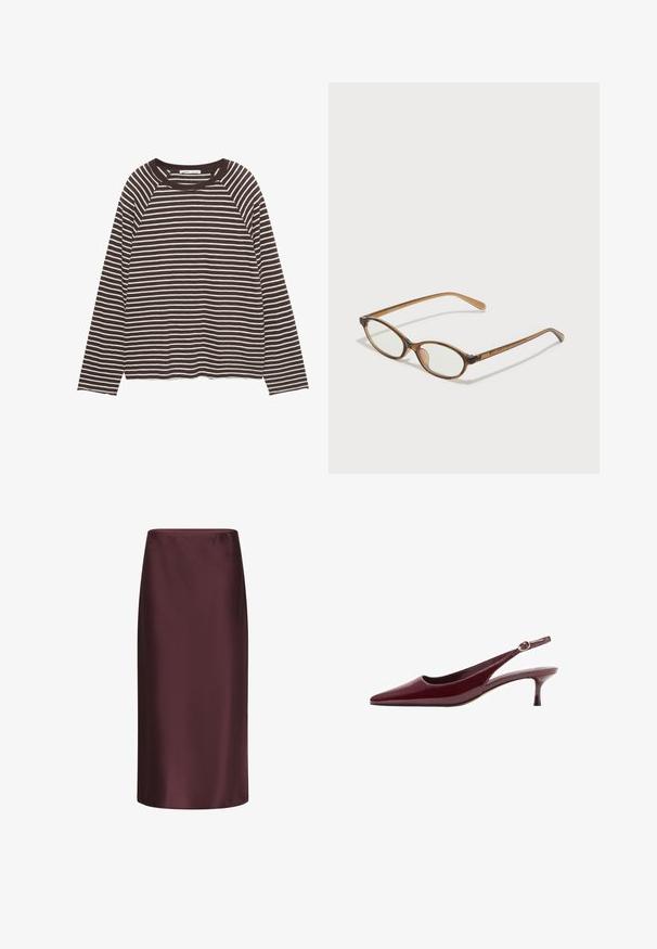 T-shirt a maniche lunghe a righe marroni e bianche, con un collo rotondo, vestibilità relax e una texture del tessuto morbida. L'orlo è dritto.; Gonna a tubino in satin bordeaux con una consistenza liscia, design a lunghezza media e una silhouette aderente, caratterizzata da una leggerissima lucentezza.; Tacchi slingback in pelle verniciata bordeaux con punta affilata e tacco sottile ed elegante, caratterizzati da un dettaglio di fibbia dorata sulla fascia.; Occhiali tortoiseshell marroni con lenti ovali, aste sottili e dettagli trasparenti. Presentano un logo sottile sulla tempia. Design elegante e leggero.