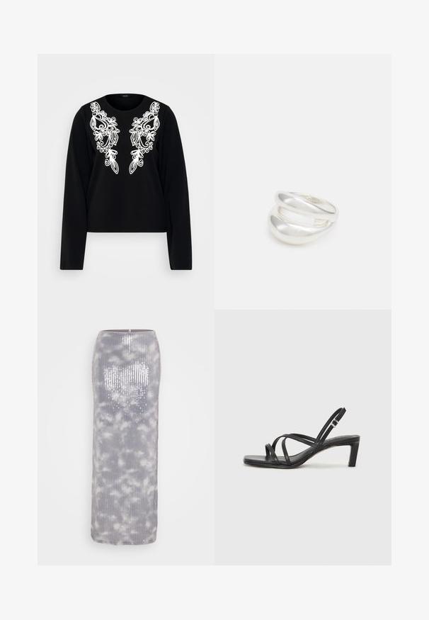 Čierny top s dlhým rukávom, ktorý má na prednej strane bielu zložitú výšivku, s okrúhlym výstrihom a priliehavým strihom. Mäkká textúra látky.; Dlhá šedá sukňa s flitrami a textúrovaným rebrovaným vzorom a mäkkým obláčikovým vzorom. Má rovný strih a zips na zadnej strane.; Čierne sandále na vysokom podpätku so štvorcovou špičkou a nízkym blokovým podpätkom. Obsahujú viacero tenkých popruhov a nastaviteľný členkový popruh. Vyrobené z hladkej kože.; Strieborný prsteň s dvojitým pásikom s hladkým, lesklým povrchom. Má plynulý, zakrivený dizajn s prekryvajúcimi sa časťami pre moderný vzhľad.