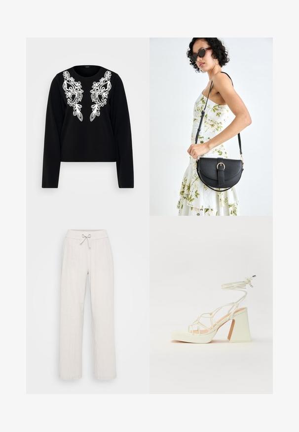 Crna majica dugih rukava s bijelim složenim vezom na prednjoj strani, okruglog izreza i prilagođenog kroja. Mekana tekstura tkanine.; Svijetlosmeđi laneni hlače širokog kroja, s rastezljivim pojasom i detaljem vezanja sprijeda. Teksturalna tkanina dodaje vizualni interes.; Bijela sandala na visokoj potpetici s debelim petom, s remenom i vezanjem oko gležnja. Glatka tekstura s platformom sprijeda za dodatnu visinu.; Crna kožna torba s lukovitim oblikom, odvojivim remenom i zlatnim detaljima. Torba ima preklop s kopčom.