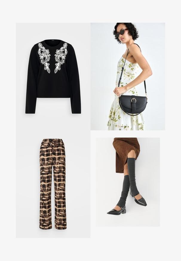 Černý top s dlouhými rukávy, který má na přední straně bílou složitou výšivku, kulatý výstřih a přiléhavý střih. Měkká struktura tkaniny.; Široké kalhoty z lehkého materiálu s černobílým abstraktním vzorem. Nastavitelný stahovací pas, volný střih.; Černé lakované boty s špičatou špičkou, blokovým podpatkem a kotníkovým páskem, spárované s šedými žebrovanými návleky na nohy a hnědskou sukní z semiše.; Černá kožená kabelka s křivkovým tvarem, odnímatelným popruhem a zlatými detaily. Kabelka má klopu s přezkou.
