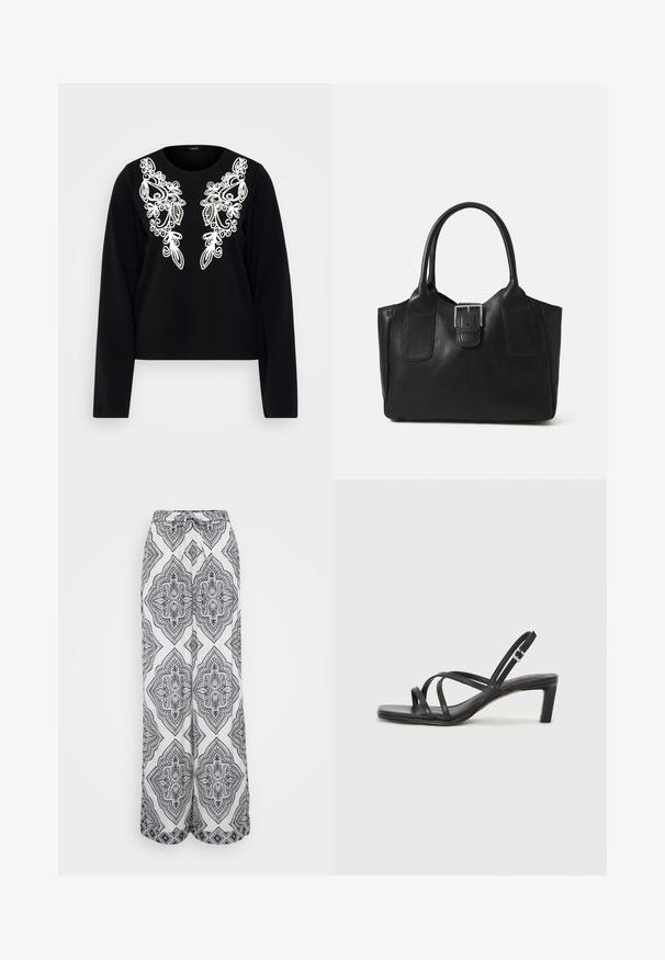 Must musthärga pika varrukaga topp, millel on esiosas valge keerukas tikand, ümar kaelus ja figuuri järgiv siluett. Pehme kangast tekstuur.; Laiad püksid must-valges geomeetrilises mustris. Omab nööriga vöökohta, kerget kangast ja voolavat siluetti.; Mustast rihmajalatsid ruudukujulise varba ja madala ploki kontsaga. Omab mitmeid õhukesi rihmasid ja reguleeritavat pahkluu rihma. Valmistatud siledast nahast.; Mustgamma nahast kott, millel on sile tekstuur, struktureeritud kuju, kaks käepidet ja esiküljel silmapaistev hõbedane pandla detail.