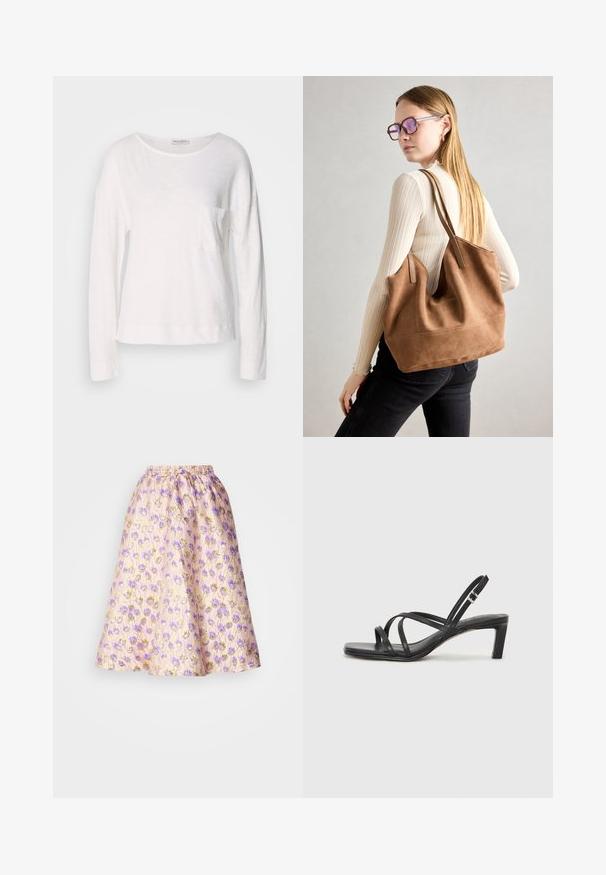 Dlhý rukáv biely top vyrobený z ľahkej, textúrovanej látky s okrúhlym výstrihom a malou náprsné vreckom. Spodný lem je na úrovni bokov.; Pastelovo ružová sukňa s kvetinovým vzorom v purpurových a zlatých akcentoch, s elastickým pásom a rozšíreným siluetou do A.; Čierne sandále na vysokom podpätku so štvorcovou špičkou a nízkym blokovým podpätkom. Obsahujú viacero tenkých popruhov a nastaviteľný členkový popruh. Vyrobené z hladkej kože.; Hnedá semišová taška na rameno s mäkkou textúrou, veľkým otvorom a dlhými popruhmi. Má jednoduchý dizajn s viditeľným šitím a bez kovových prvkov.