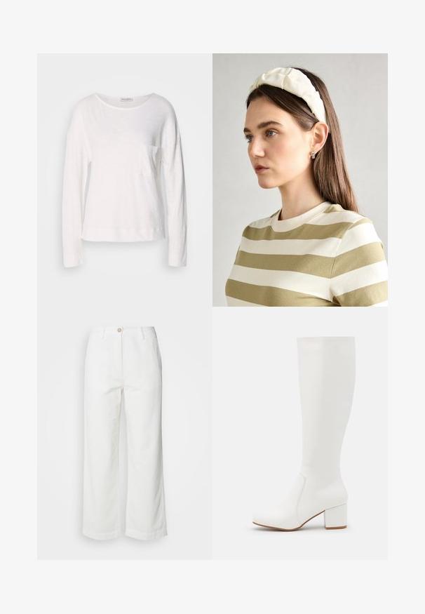 T-shirt à manches longues blanc en tissu léger et texturé, avec un col rond et une petite poche sur la poitrine. L'ourlet se situe au niveau des hanches.; Pantalons blancs à jambes larges en tissu texturé, dotés d'une fermeture à bouton à l'avant et de deux poches latérales, avec un design épuré et simple.; Bottes blanches jusqu'au genou avec une finition lisse et brillante. Talon carré et détails de couture subtils sur le côté.; Un bandeau en créme rembourré avec un design torsadé, associé à une chemise rayée beige et blanche à col rond. Accent de bijoux discrets.