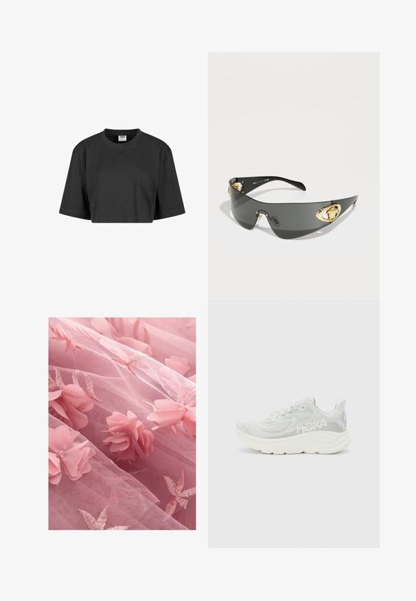Lühendatud must t-särk, mis on valmistatud puuvillast, omab mugavat lõiget, lühikesi varrukaid ja soonitud ümmargust kaelust. Ilma nähtavate mustrite või aktsentideta.; Roosa tüllkangas, millel on lilleaplikatsioonid ja broderi lehemustrit, pehme, läbipaistev tekstuur ja kihiline välimus.; Kerge jooksutoss valges ja heledas hallis võrkkangas, millel on paks ja pehme tald ning külgedel logo. Minimaalne disain tekstuurse kangaga.; Tumed hallid prillid, millel on sleek ja kaarjas disain. Küljel on kuldse tooni lõvilaadsete aksessuaaridega ja läikiv must raam.