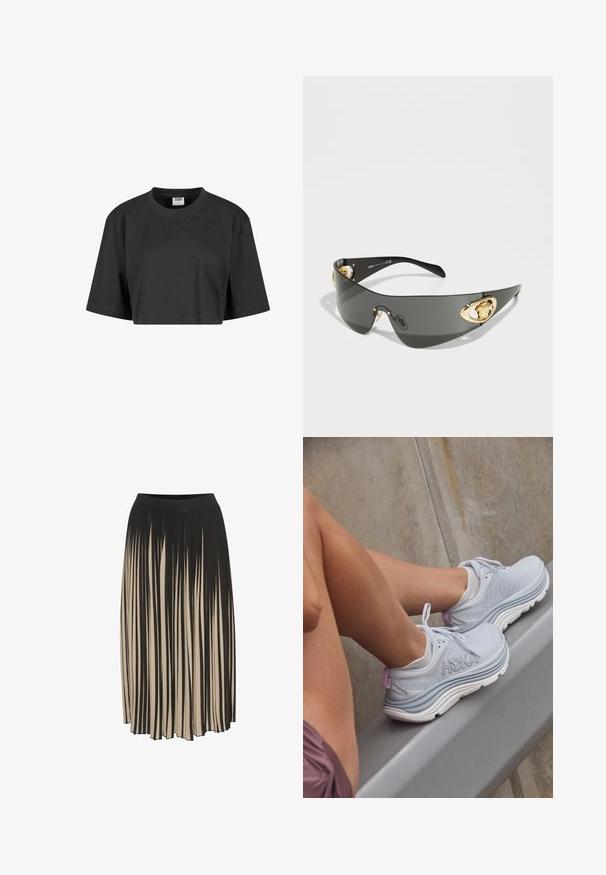 Rövid ujjú, relaxed fit fazonú, pamutból készült fekete cropped póló, bordázott kerek nyakkivágással. Nincs látható mintázat vagy díszítés.; Fodros midi szoknya fekete és bézs színben, magas elasztikus derékkal, függőleges csíkokkal és áramló, mozgásra ösztönző kialakítással.; Világosszürke sportcipők texturált hálós felsőrésszel, lila sarokdísszel és fehér talppal. Alacsony profilú zoknikkal és beton háttérrel jelenítve.; Sötétszürke napszemüveg, sima, ívelt dizájnnal. Arany színű oroszlán díszítésekkel az oldalán és fényes fekete kerettel.